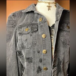 Cropped Distressed Black Denim Jacket Size S | Y2K Grunge Indie